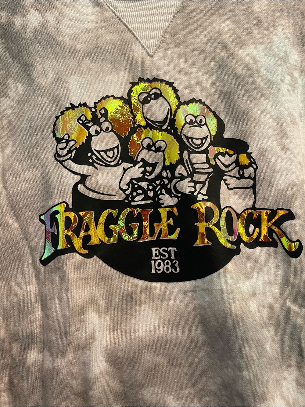 Fraggle Rock Foil Design on Old Navy Grey Tie-Dye Sweatshirt, Women’s Large